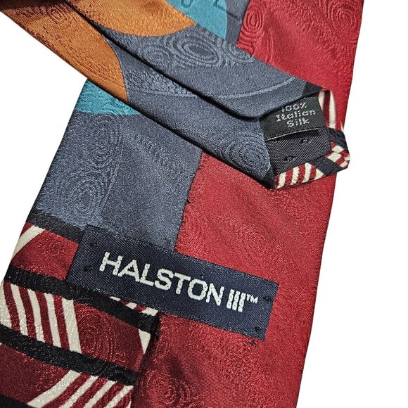 Halston III Men Retro Geometric Pattern Silk Tie Multicolor Burgundy Navy Orange - Picture 2 of 4